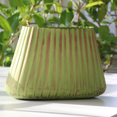 Cache Pot, Pea Green and Copper Finish, Rippled Metal, Oblong