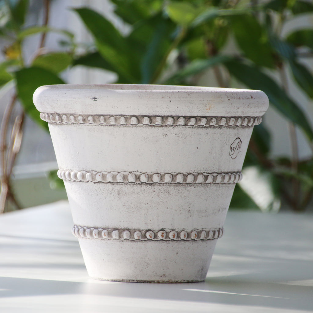 Garden Pot, White Ash Clay Planter, Dotted Rows of Detail